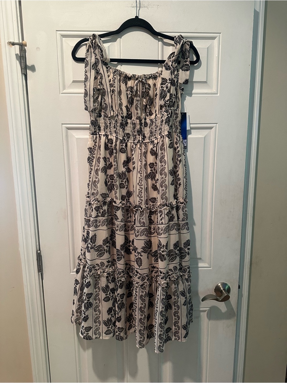 Trixxi Cream and Black Floral Tie-Shoulder Tiered Midi Dress
